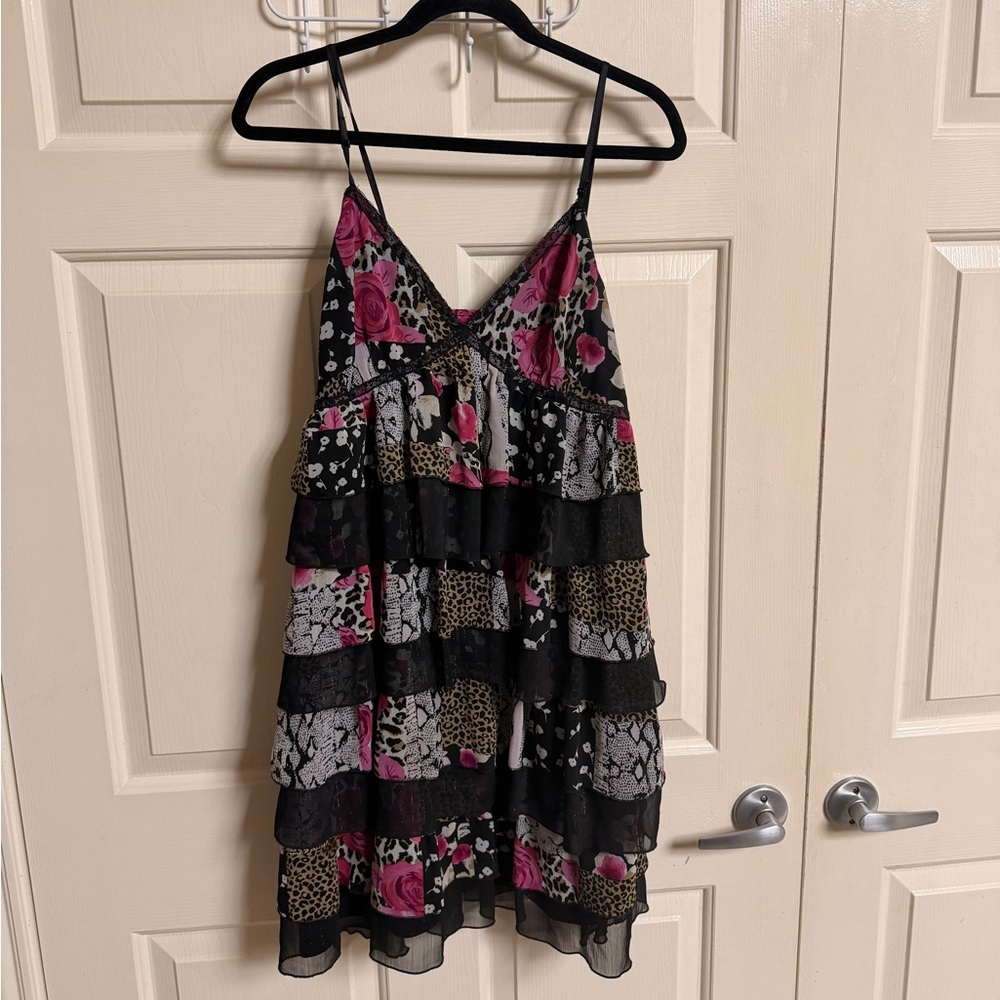 VTG Y2K Express Tiered Leopard Print Metallic Slip Dress